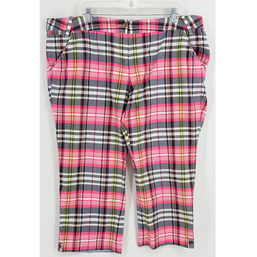 Lands End Womens Pink Plaid Cotton Capris Multi Color Cropped Pants Plus Sz 20W
